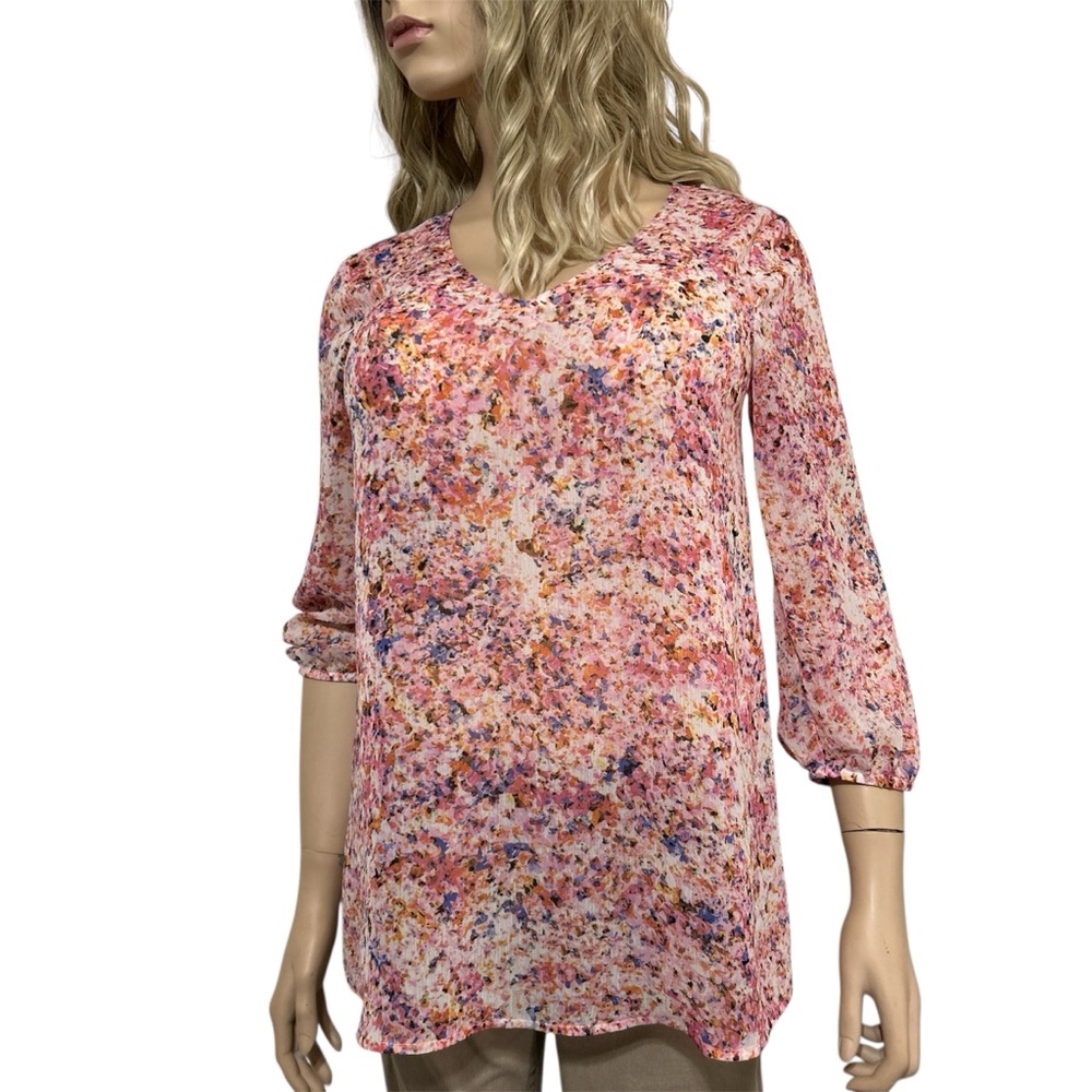 Ann Taylor Small S Pink Multi Floral Print Chiffon Blouse Tunic V-Neck